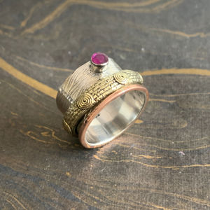 Romantic Style Ruby <b>Spinner</b> <b>Ring</b> 8.5 Grams 10k Gold with Radiant Emerald Cut Diamonds Fine Jewelry Rhodium Plated Everyday Wear - Product Image 1