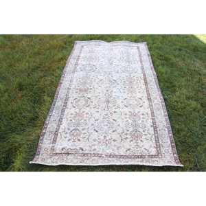 Turkish <b>Vintage</b> <b>Rug</b>, 3.8x6.8 ft <b>Rug</b>, White Brown Plants & trees Wool <b>Rug</b> - Product Image 1