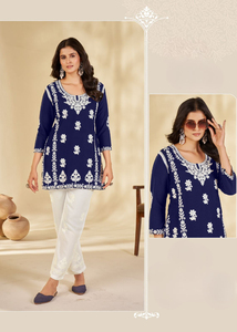 Thanh Lịch Rayon Chikankari Làm Việc Hai Mảnh Thiết Lập Trắng Pant Với Ngắn Tops Thêu Văn Phòng Cao Đẳng Cô Gái 'Thời Trang Đầu Gối Chiều Dài - Product Image 3