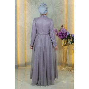 Vestido de Noche Casual Lila MSW19188-5, Vestido de Gala Drapeado con Mangas Cortas, Largo hasta el Suelo, 100% Poliéster Natural - Product Image 4