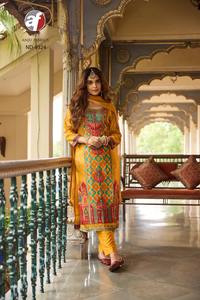 Último diseñador hermoso traje de moda ruso seda Kurti pantalón Dupatta posición impresión mano resaltar trabajo para adultos venta - Product Image 6