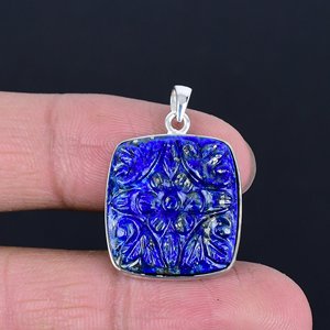 Collar hecho a mano de Plata de Ley 925 para mujer, colgante de lapislázuli tallado con flor cuadrada, colgantes finos de rodio dorado - Product Image 5