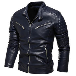 <b>Summer</b> Black PU Leather <b>Jacket</b> for <b>Men</b> Slim Street Fashion Biker Coat with Pleated Design Zipper Warm Fleece Motorcycle <b>Jacket</b> - Product Image 2