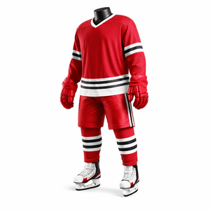 Uniforme de hockey sobre hielo personalizado rojo, blanco y negro, conjunto de camiseta y pantalones cortos sublimados, ropa de equipo para adultos, fabricante OEM ODM - Product Image 3