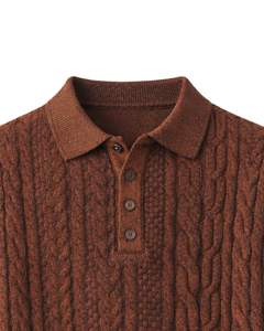 Custom Mens Rusted Brown Wool Cable Knit <b>Polo</b> <b>Sweater</b> Long Sleeve Button <b>Neck</b> Winter Warm Classic Pullover For Men Casual Wear - Product Image 5