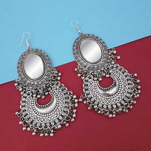 Jeweljunk Vintage Bohême Laiton Boucles d'oreilles 1314766-Argent Plaqué Miroir Afghani avec Pompon Diamant Pierre Principale pour les Fêtes - Product Image 1