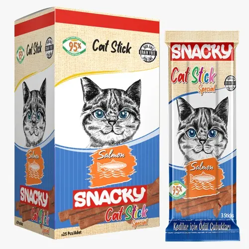 Caja de palo de gato SNACKY, con sabor a salmón, 25 unidades