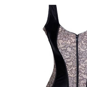 Corset en dentelle et résille satinée noire avec laçage au dos, bustier à fermeture éclair sur le devant - Product Image 5