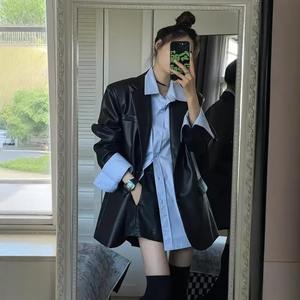 Chaqueta de cuero genuino para mujer de nuevo estilo 2024, chaqueta negra Vintage coreana elegante informal de corte alto - Product Image 2