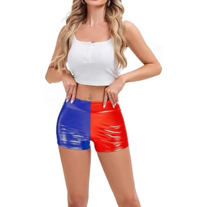 Shorts taille haute color-block pour femme, style club sexy, bleu-rouge, satin-spandex polyester, coupe ajustée, taille élastique - Product Image 2
