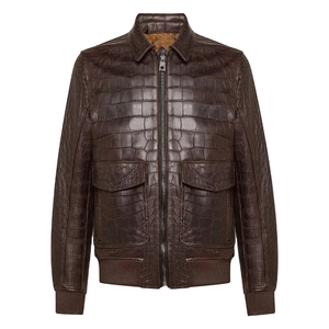 Vente en gros de veste à fermeture éclair en cuir marron avec imprimé peau de crocodile, manches longues brillantes, vestes d'agneau pour hommes 2025 - Product Image 3