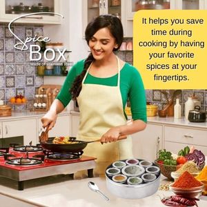 Porte-épices le plus vendu Dabba rond Masala Dani pour la cuisine organisateur de boîte à épices en acier inoxydable avec couvercle en verre à 9 compartiments - Product Image 4
