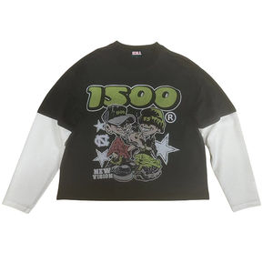 100% ropa de calle de algodón gráfico Boxy Waffle Hip Hop de alta calidad para hombres de doble capa de manga larga de gran tamaño camiseta de gran tamaño - Product Image 3