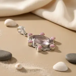 Colgante de Plata 925 Hecho a Mano para Mujer con Cuarzo Rosa, Joyería de Piedras Preciosas de Platino con Patrones de Dibujos Animados y Números, Dije de Jade - Product Image 1