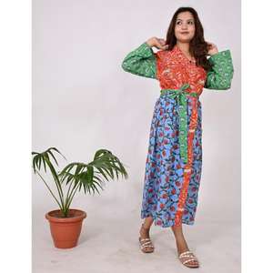 ชุดคลุมกิโมโนลายดอกไม้แบบอินเดีย ทำด้วยมือ ผ้าฝ้าย 100% พิมพ์ลายบล็อก เป็นมิตรกับสิ่งแวดล้อม ชุดนอนสไตล์โบฮีเมียนสำหรับผู้หญิง ชุดคลุมใส่สบาย - Product Image 3