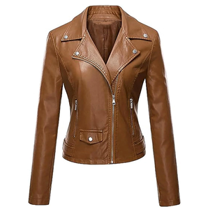 <b>Top</b> Hot Sale Women's Biker Style Real Leather Jacket Lapel Collar Zipper Breathable Cotton Lining XL Direct Wholesale Sialkot - Product Image 3