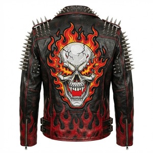 Blouson en cuir noir pour homme, style motard, avec broderie tête de mort et patch dorsal, streetwear vintage, type bomber Cafe Racer - Product Image 1