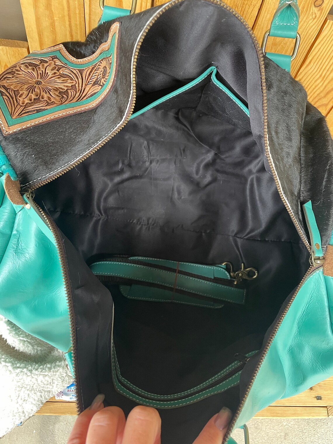 duffel bag leopard fringe