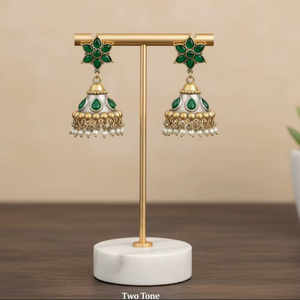 Pendientes Fusion Jhumka multicolor con gotitas de perlas y diseño de tachuelas florales perfectos para bodas, fiestas y ocasiones festivas - Product Image 1