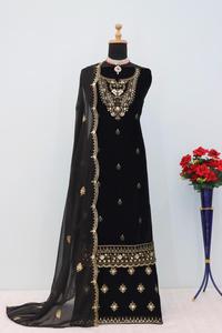 Costume en velours fantaisie de créateur pour femmes en velours pur avec broderie séquentielle incluant le cou et la tenue de fête élégante Daman - Product Image 5