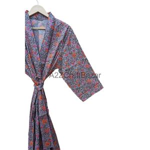 Kimono lungo in cotone con stampa floreale a mano Kimono da donna leggero alla moda - Product Image 2