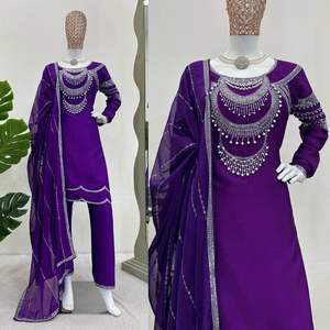 El último diseñador de ropa de fiesta, hilo hermoso de seda Chinon pura con bordado de secuencia, remache, Top DE TRABAJO Moti y pantalón con Dupatta - Product Image 3