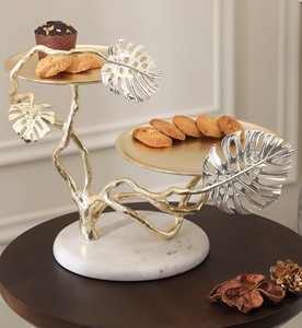 Luxury Gold Monstera Leaf Cake Stand With Marble Base 2 Tier Metal Cake Stand For Wedding Party <b>Buffet</b> <b>Table</b> Centerpiece - Product Image 1
