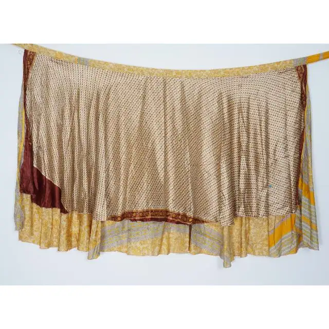 Toptan el yapımı Vintage Sari ipek mini etek geri dönüşümlü ve hafif Floaty çift katmanlı etek uzun etekler bağları