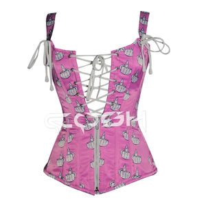 Custom Graphic Print Pink <b>Corset</b> Top With Zipper and <b>Lace</b> <b>up</b> Straps - Product Image 3