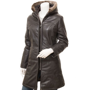 Veste en cuir d'agneau à capuche longue pour femmes fermeture à glissière fabriquée en usine respirant imperméable écologique pour la saison d'automne - Product Image 1