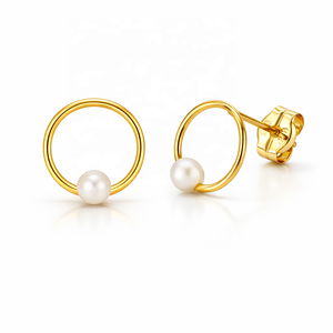 Pendientes de Aro con Diseño Circular Minimalista en Oro Amarillo de 14K JJ BRAVO, Perlas de Agua Dulce Hechas a Mano, Joyería Fina para Mujer, Geométricos - Product Image 1