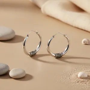 Pendientes de Aro Minimalistas de Plata 925 con Detalle Tribal Oxidado y Piedra Natural para Uso Diario, Joyería Casual/Deportiva para Mujer - Product Image 1