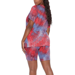 Conjunto informal de 2 piezas de moda para mujer, Camiseta con cuello redondo y serigrafía a Color personalizada, pantalones de retazos con patrón sólido por encima de la rodilla, manga corta - Product Image 4