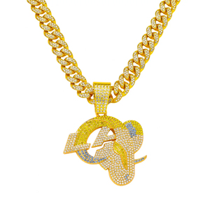 Custom Luxury Mens Los Angeles Rams <b>Silver</b> & Gold Plated Cuban Link Chain Hip Hop Full Iced Out <b>Crystal</b> Team Logo Pendant - Product Image 1