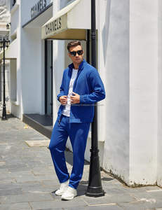 Ensemble survêtement en molleton lourd de qualité supérieure 380GSM pour homme, sweat à capuche et pantalon, imprimé à l'écran, noir et bleu marine, tenue bicolore - Product Image 3