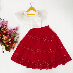 Conjunto de Lehenga Choli Rojo de Moda Shoryam para Niñas, con Lentejuelas en Forma de Zigzag, Blusa Blanca con Volantes, Largo hasta el Suelo, para Fiestas en Todas las Temporadas - Product Image 2