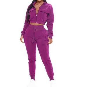 Conjunto de Dos Piezas de Alta Calidad para Mujer, Pantalones de Felpa con Corte Acampanado y Top Corto, Chaqueta con Capucha y Cremallera, Diseño Personalizado - Product Image 4