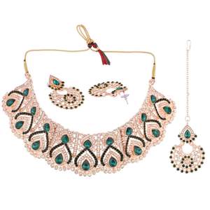 Conjunto de joyería india, Gargantilla de cristal chapada en oro, pendientes de boda nupciales con Mangtikka, verde, venta al por mayor - Product Image 4