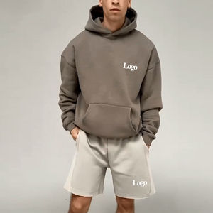 2025 New Two-Piece Full-Sleeve Fleece Polyester/Cotton Breathable Oversize Hoodie & Shorts <b>Set</b> Men's High Street Style OEM - Product Image 3