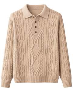 Suéter Polo de Punto Trenzado para Hombre, Manga Larga, Cuello con Botones, Suave, para Invierno, en Beige Caqui, para Pedidos al por Mayor - Product Image 1