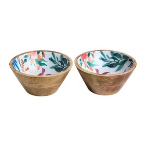 Modern Handmade Mango Wood Serving <b>Bowl</b> with White <b>Enamel</b> Interior Decorative Fruit Centerpiece Kitchenware - Product Image 4