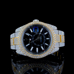 Montre en acier inoxydable entièrement sertie de strass, plaquée or jaune et blanc, forme ronde, style hip-hop, pour homme - Product Image 1