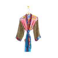 Robe Kimono Bohème en Soie Patchwork Faite Main Indienne pour Femme – Élégante Tenue de Plage et de Nuit à Taille Élastique, Col en V Floral pour l'Été