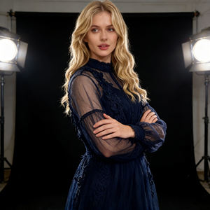 2026 Customizable Lavender Mesh Dress with Elegant Floral Lace High Neck and Long Sleeve for Women for Cocktail Party - Product Image 4