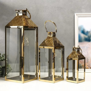 Lot de 3 lanternes à bougie en métal doré en acier inoxydable décoratif spécial Ramadan avec lanterne à bougie design martelée au dernier étage - Product Image 4