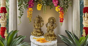 Sculpture religieuse indienne de conception moderne fabriquée à la main Ganesh et Laxmi assis sur une statue en laiton de lotus pour Diwali et les mariages - Product Image 3