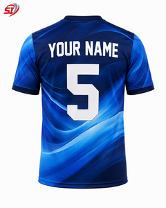 Maillot de football personnalisé par sublimation, motif vague bleue, impression nom et numéro d'équipe, polyester à séchage rapide, vente en gros OEM - Product Image 2