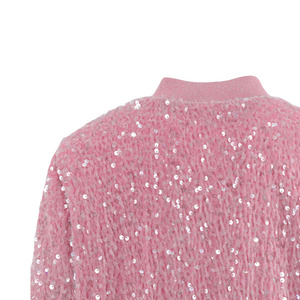 Customizable Girls Stylish Sequin Bomber Jacket Breathable Knitted <b>Autumn</b> Winter Season Ribbon <b>Fabric</b> Collar Solid Pattern Long - Product Image 4