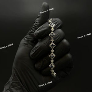 Silver Floral Link <b>Bracelet</b> With Blue <b>Moissanite</b> Diamond Look Stones Iced Out Design Elegant Chain Jewelry For Women Party Wear - Product Image 1