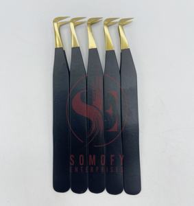 Pinces à cils professionnelles de haute qualité en fibre dorée, logo personnalisé, noir mat, volume pointu, acier inoxydable solide, Somofy - Product Image 3